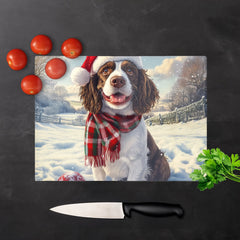 Snowy Christmas Springer Spaniel Glass Chopping Board