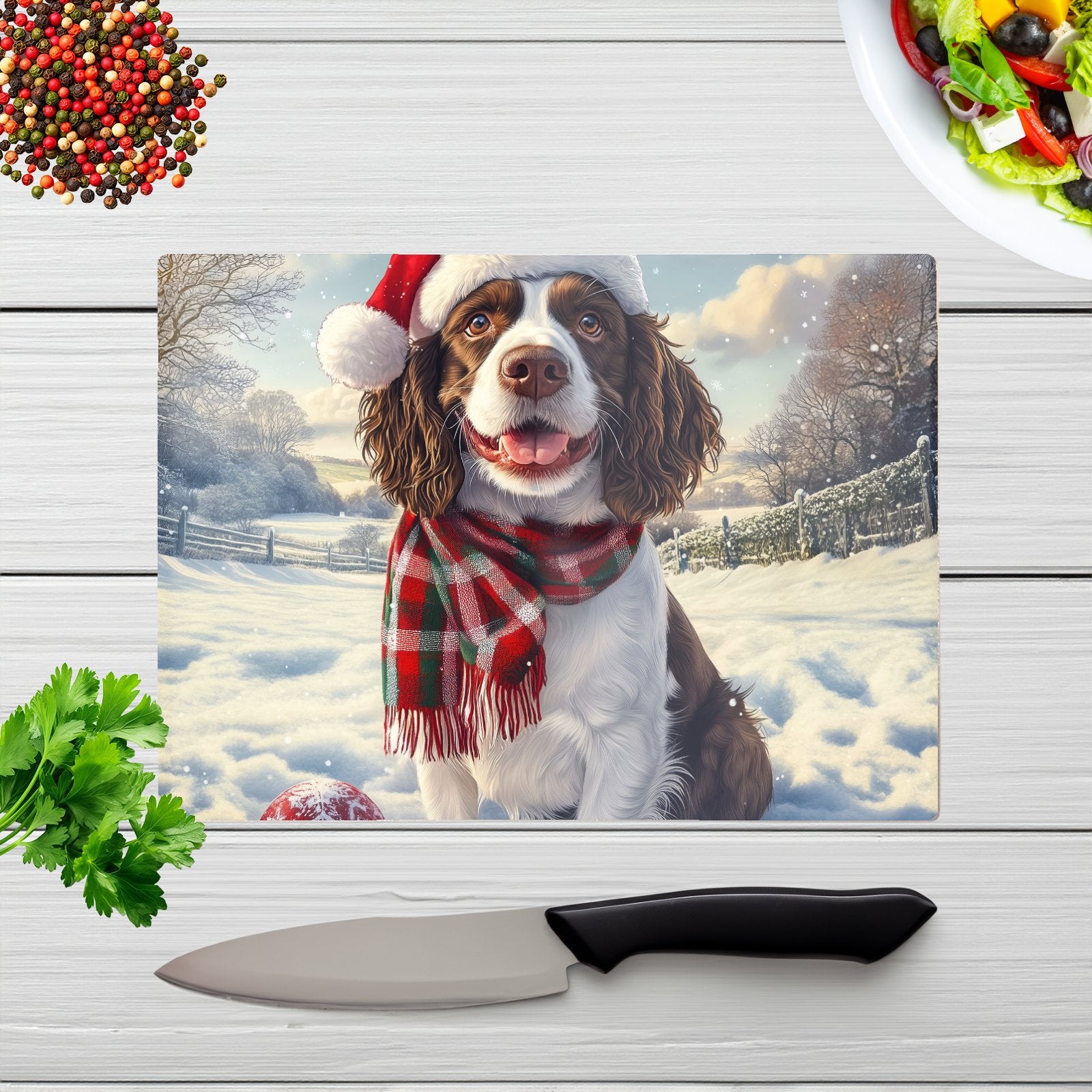 Snowy Christmas Springer Spaniel Glass Chopping Board