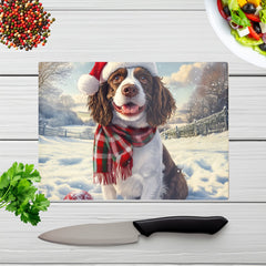 Snowy Christmas Springer Spaniel Glass Chopping Board