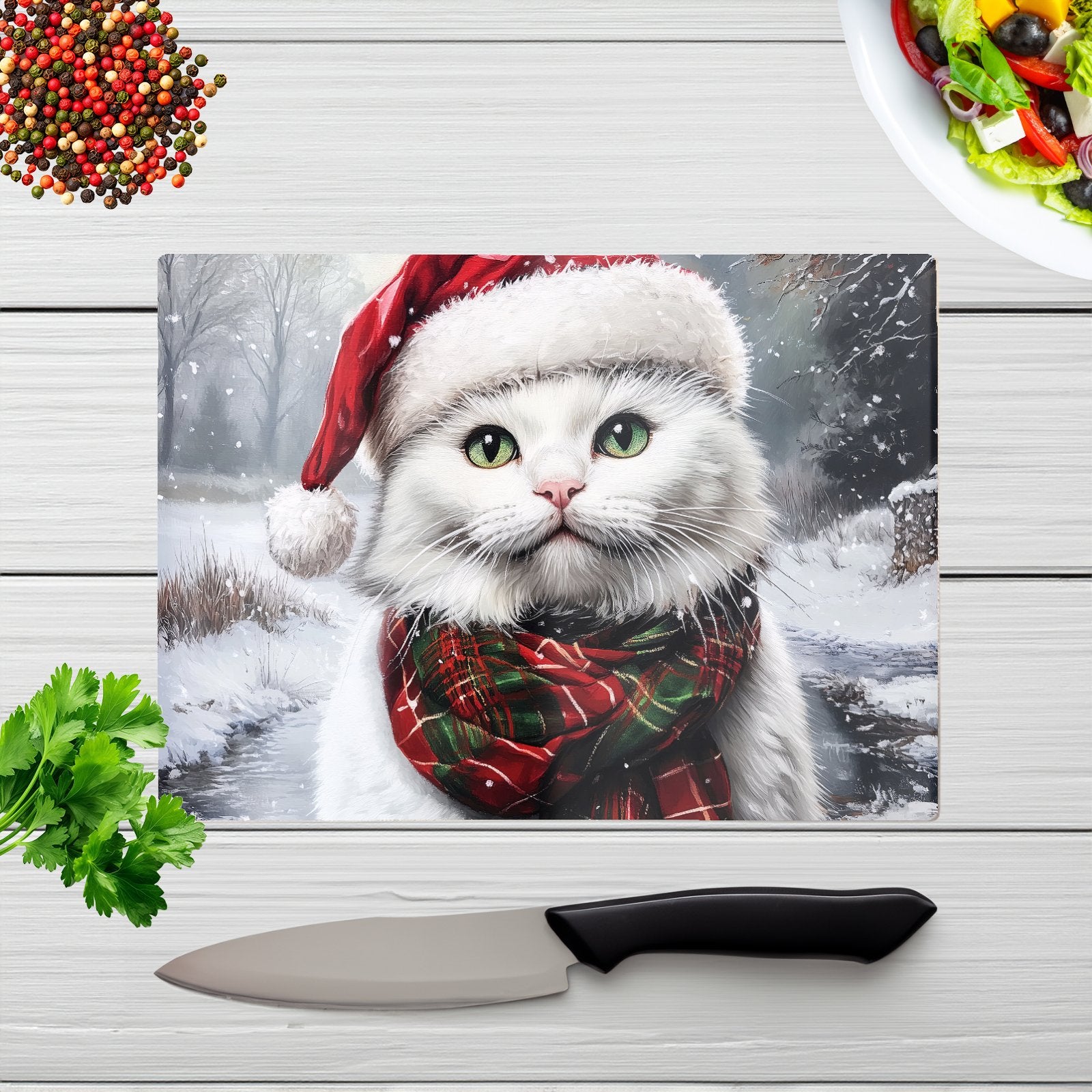 Snowy Christmas White Cat Glass Chopping Board
