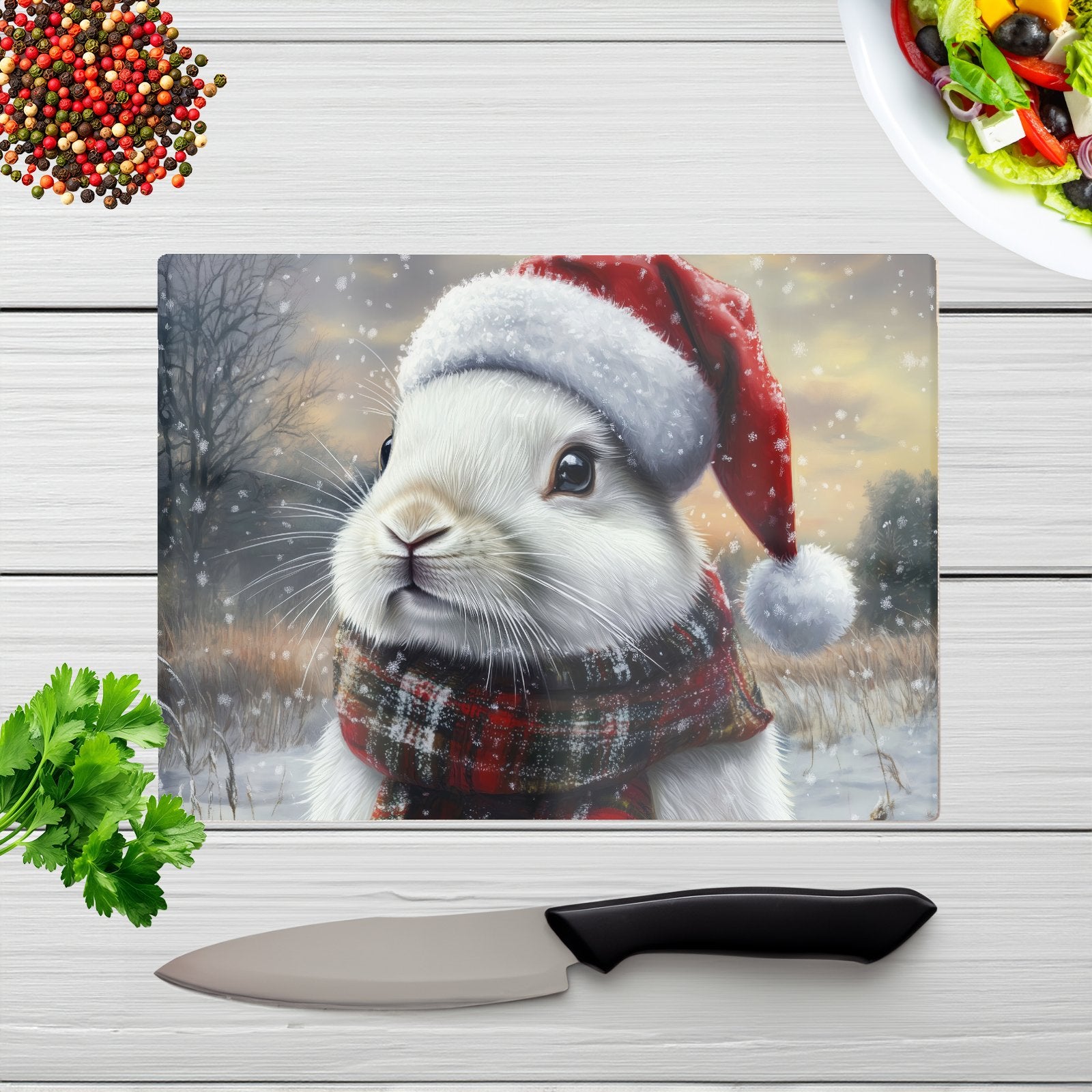 Christmas White Rabbit Glass Chopping Board