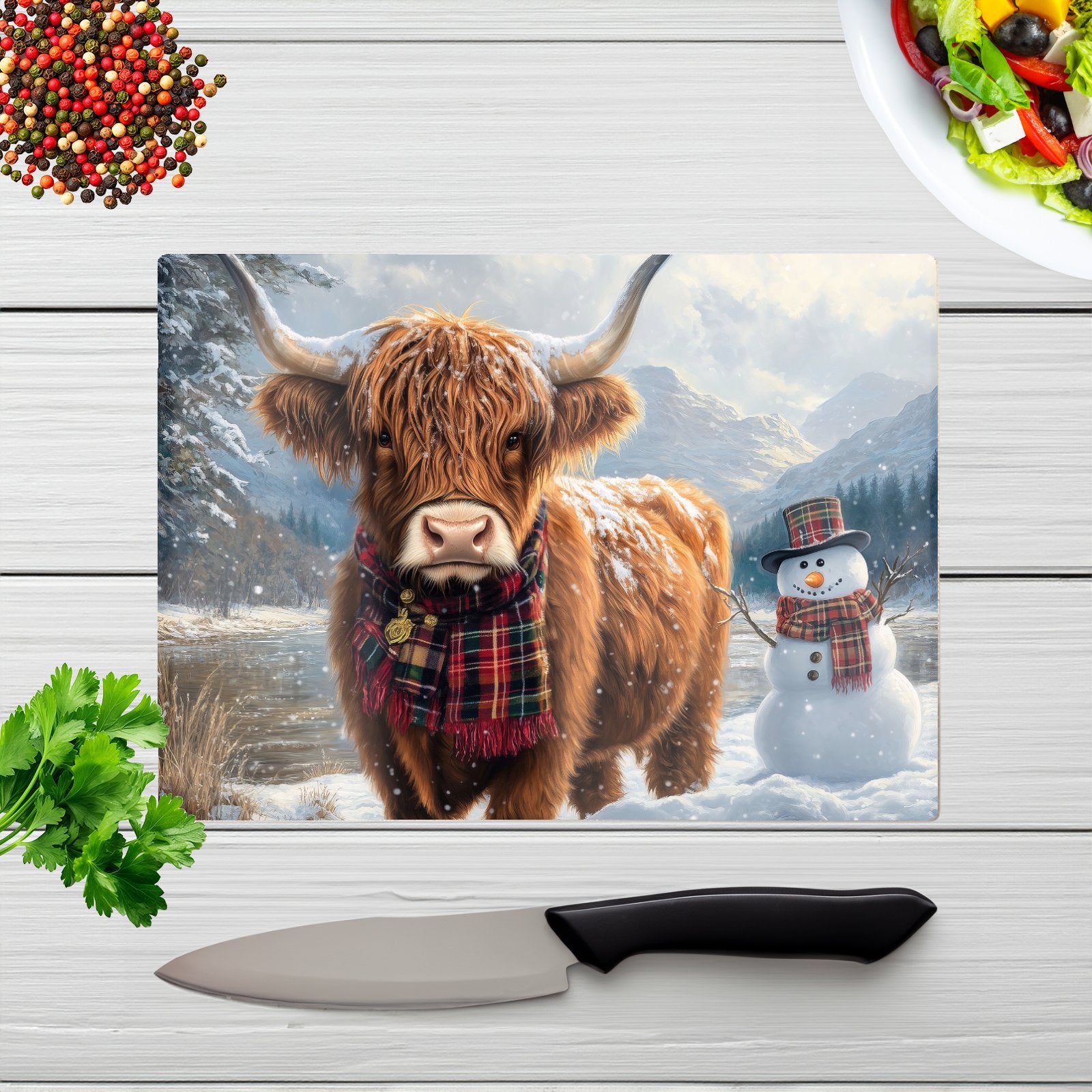 Highland Cow And A Snowman Chopping Board