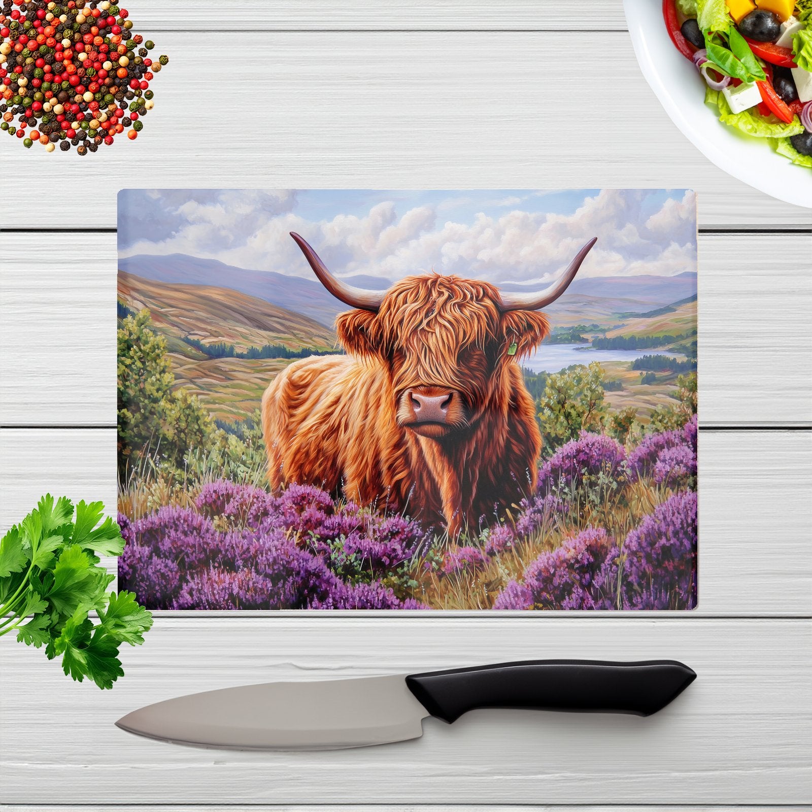 Highland Cow Amongst Heather Chopping Board
