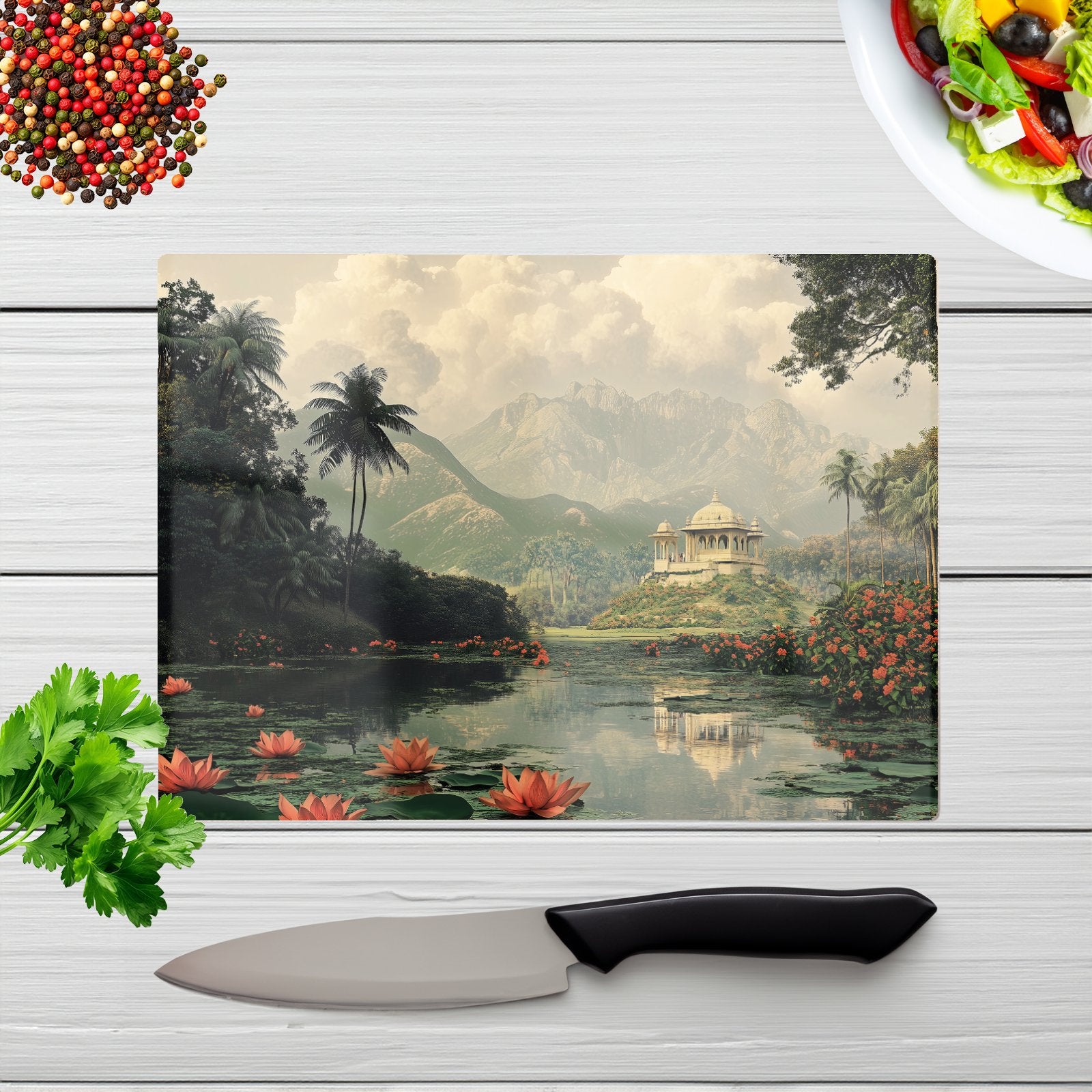 Temple By A Lake With Lilies Chopping Board