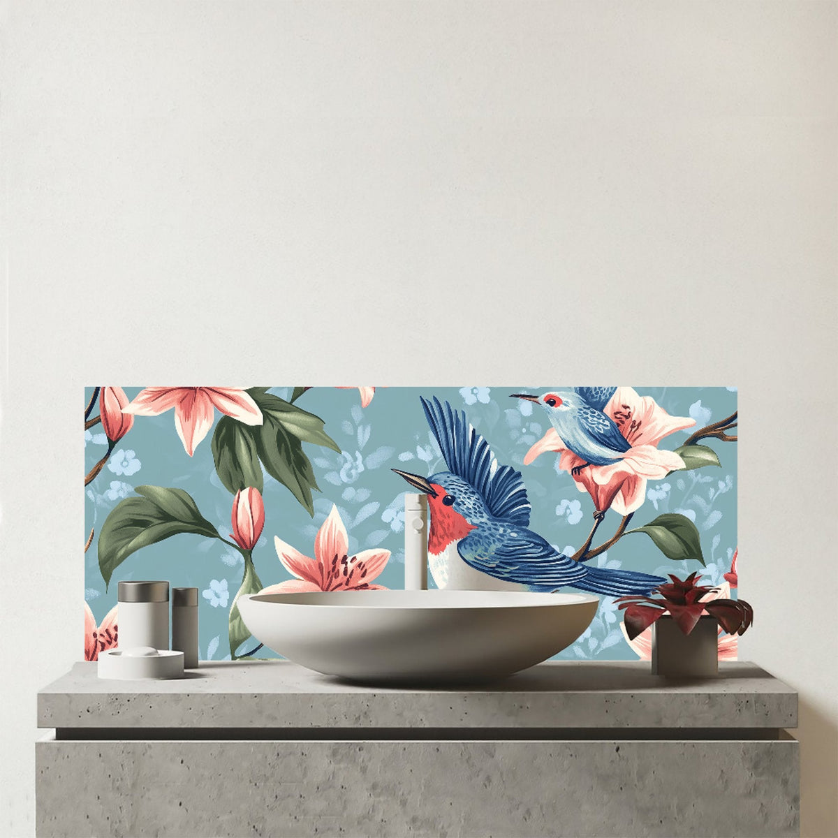 Birds On A Branch, Amongst The Lillies Glass Bathroom Splashback
