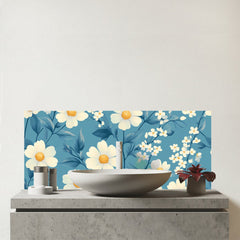 Blue And White Spring Daisies Glass Bathroom Splashback