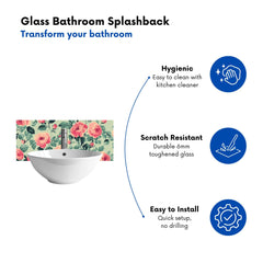 Sage Green And Pink Roses Glass Bathroom Splashback